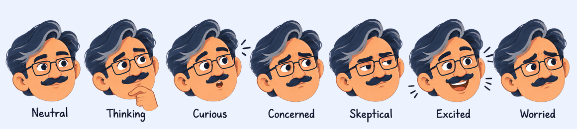 Navi expression set: Neutral, Thinking, Curious, Concerned, Skeptical, Excited, and Worried.