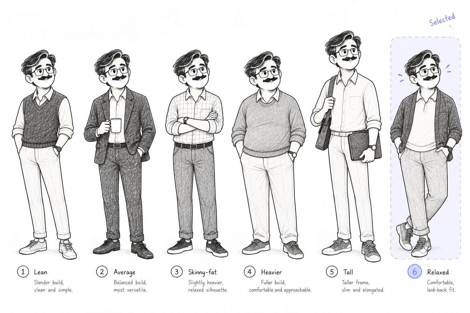 Six full-body sketches for Navi, with the relaxed pose selected