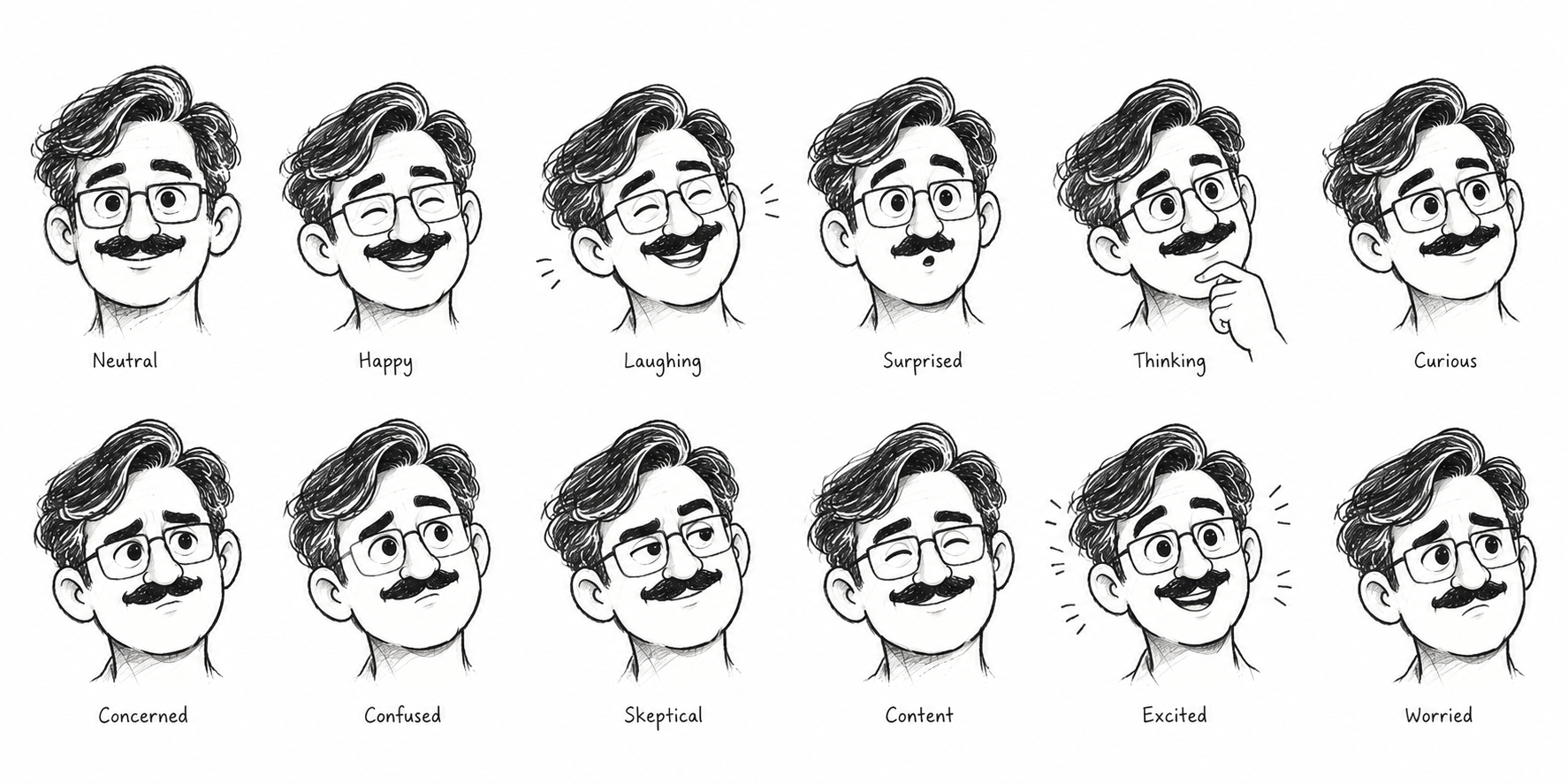 Twelve expression sketches for Navi, labeled from Neutral to Worried