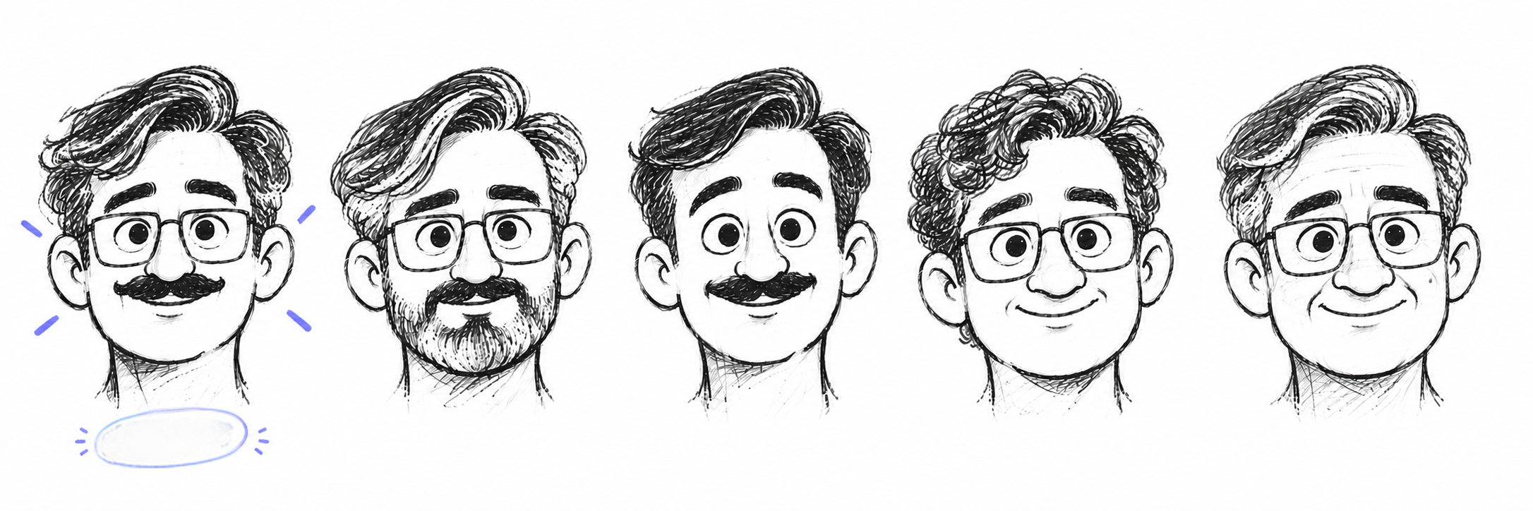 Four rough face sketches for Navi, with the first selected